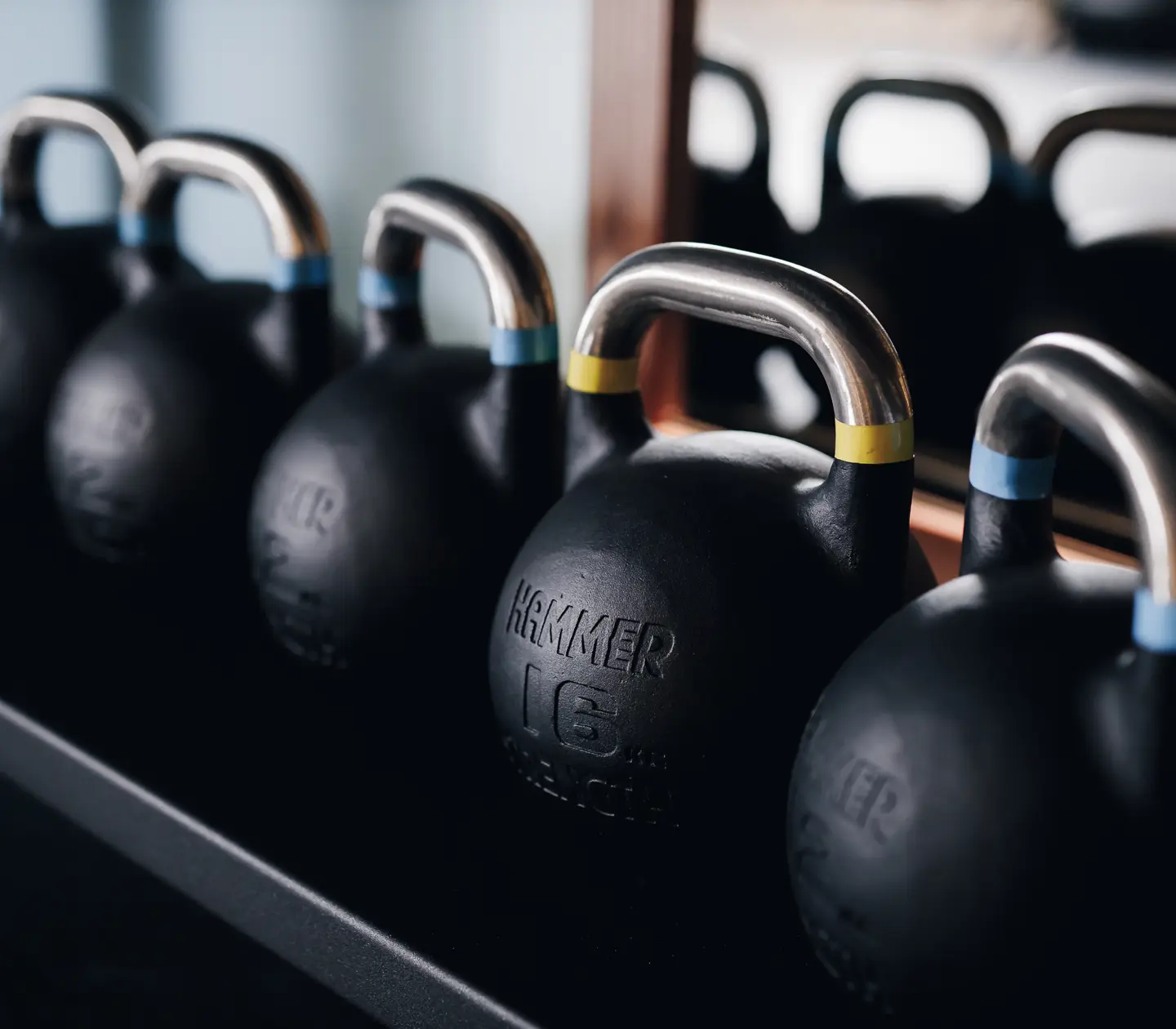 Lined up kettlebells