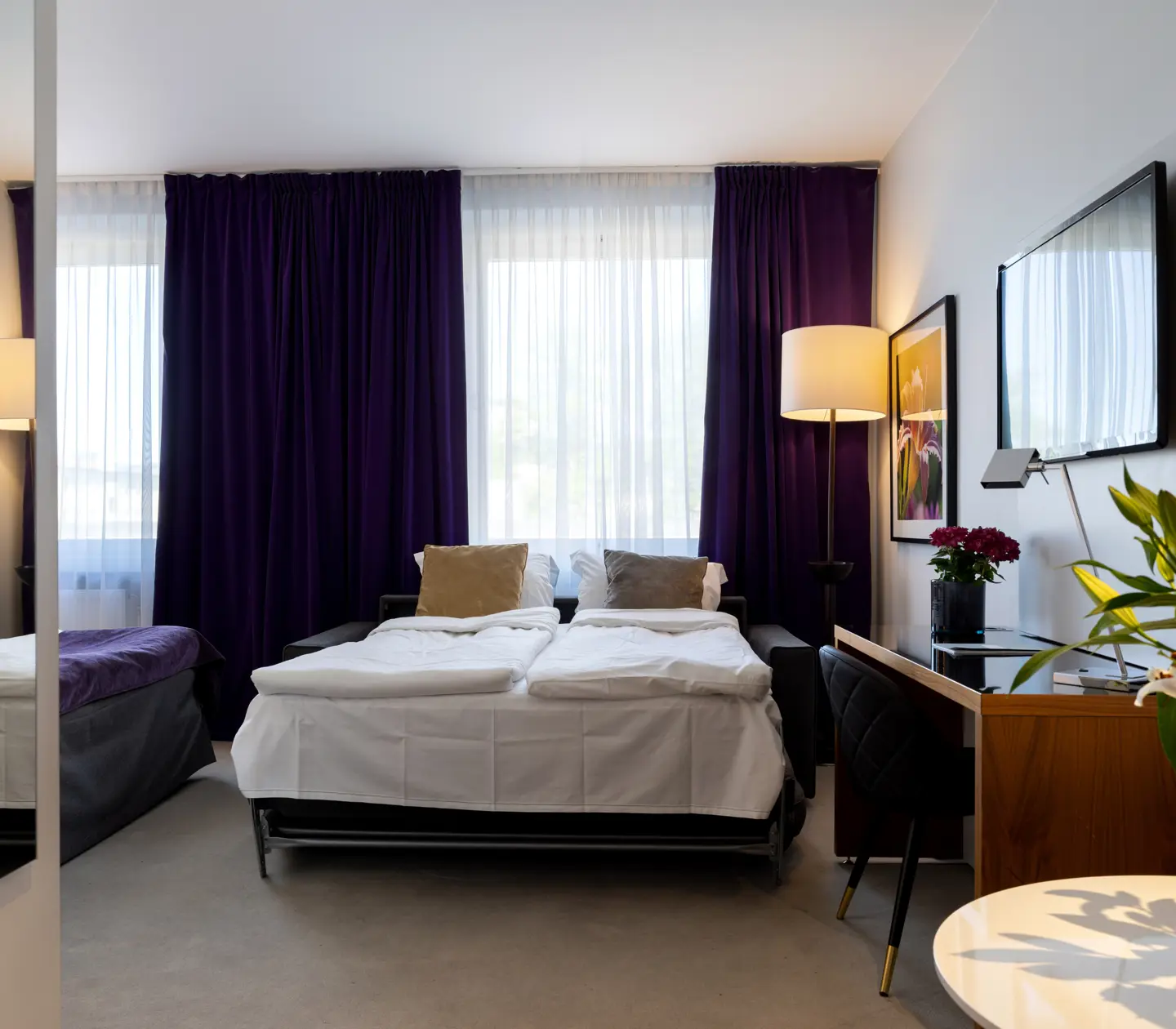 Hotellrum med utbäddad bäddsoffa, skrivbord och tv