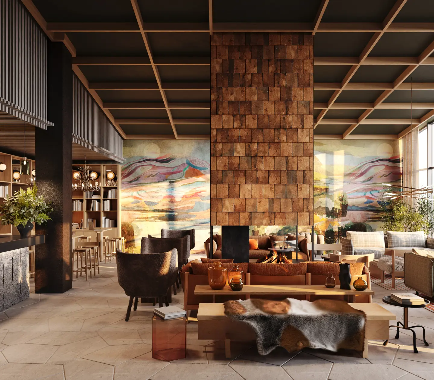 Hotellobby med eldstad, stolar och receptionsdisk