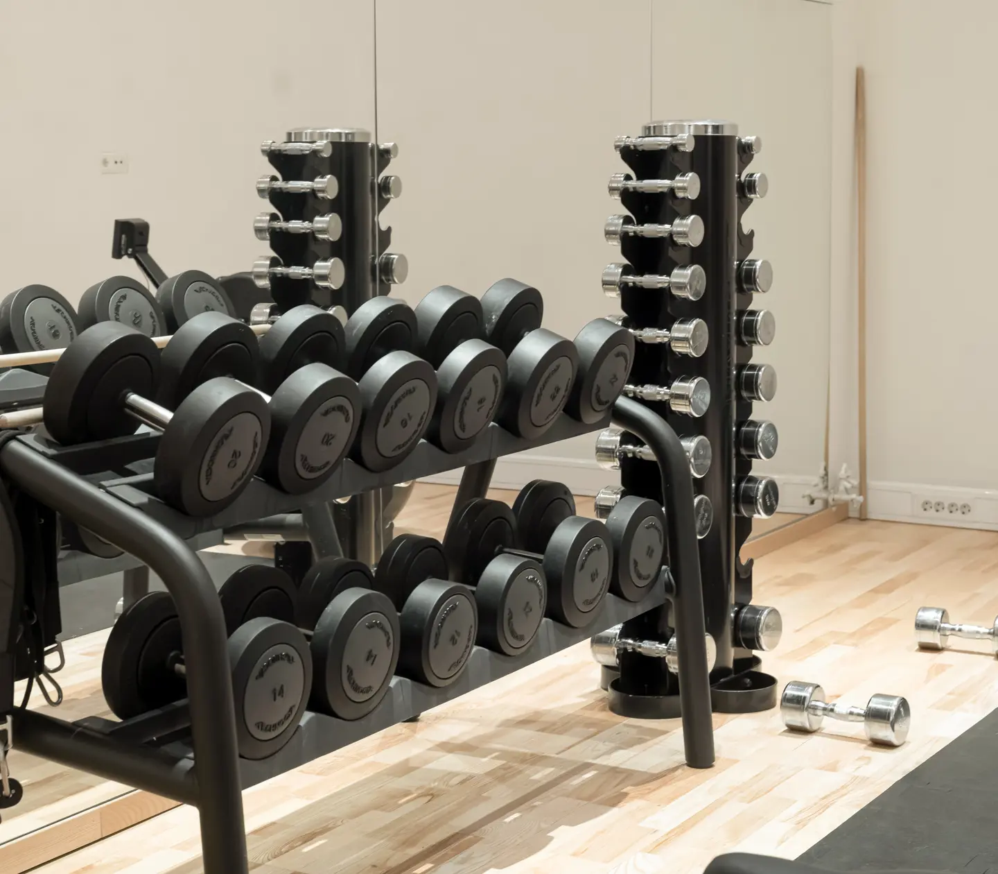 Gymmiljö med hantlar, medicinboll och spegel