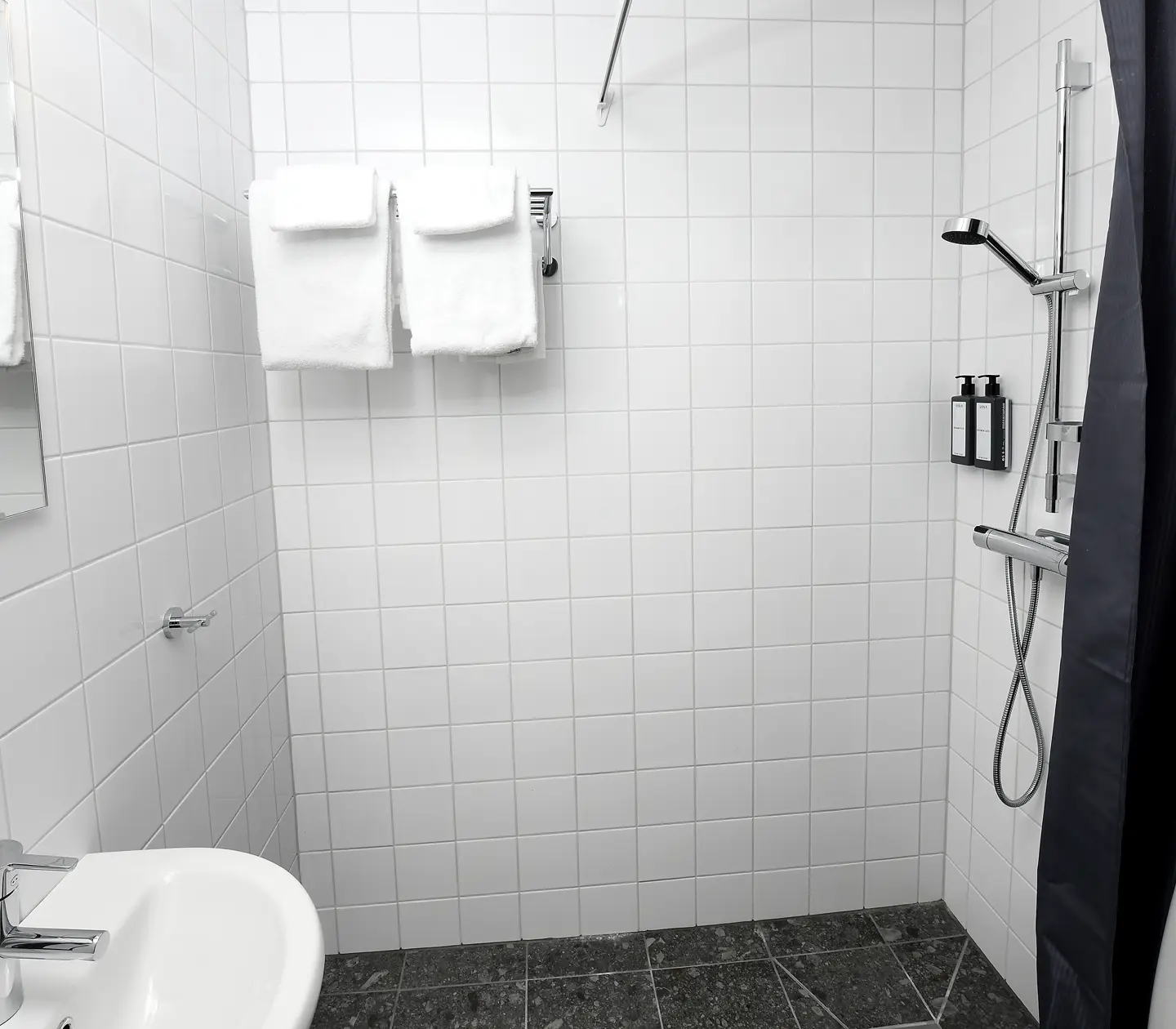 Ljust badrum med toalett, dusch och handfat