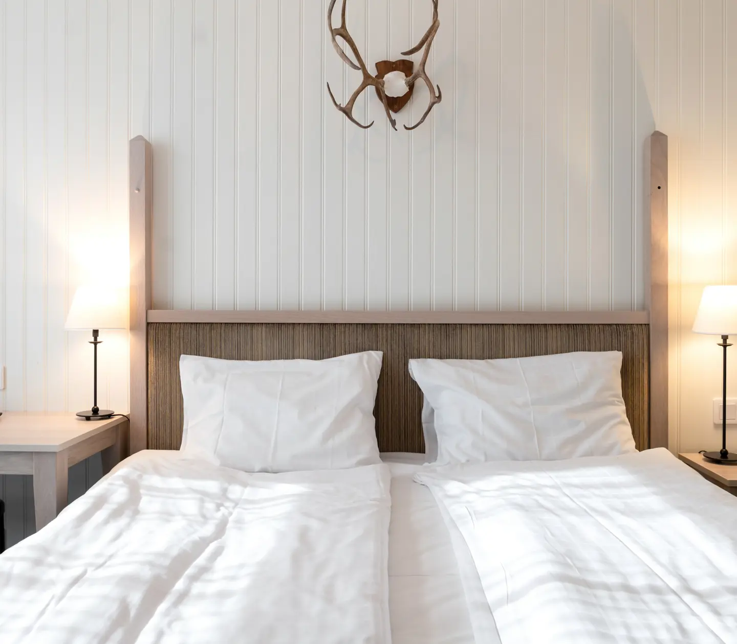 Mysigt hotellrum med säng, skrivbord och djurhorn på väggen