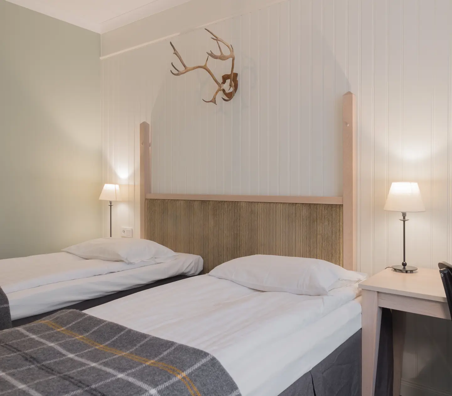Mysigt hotellrum med separerade sängar, djurhorn på väggen och skrivbord
