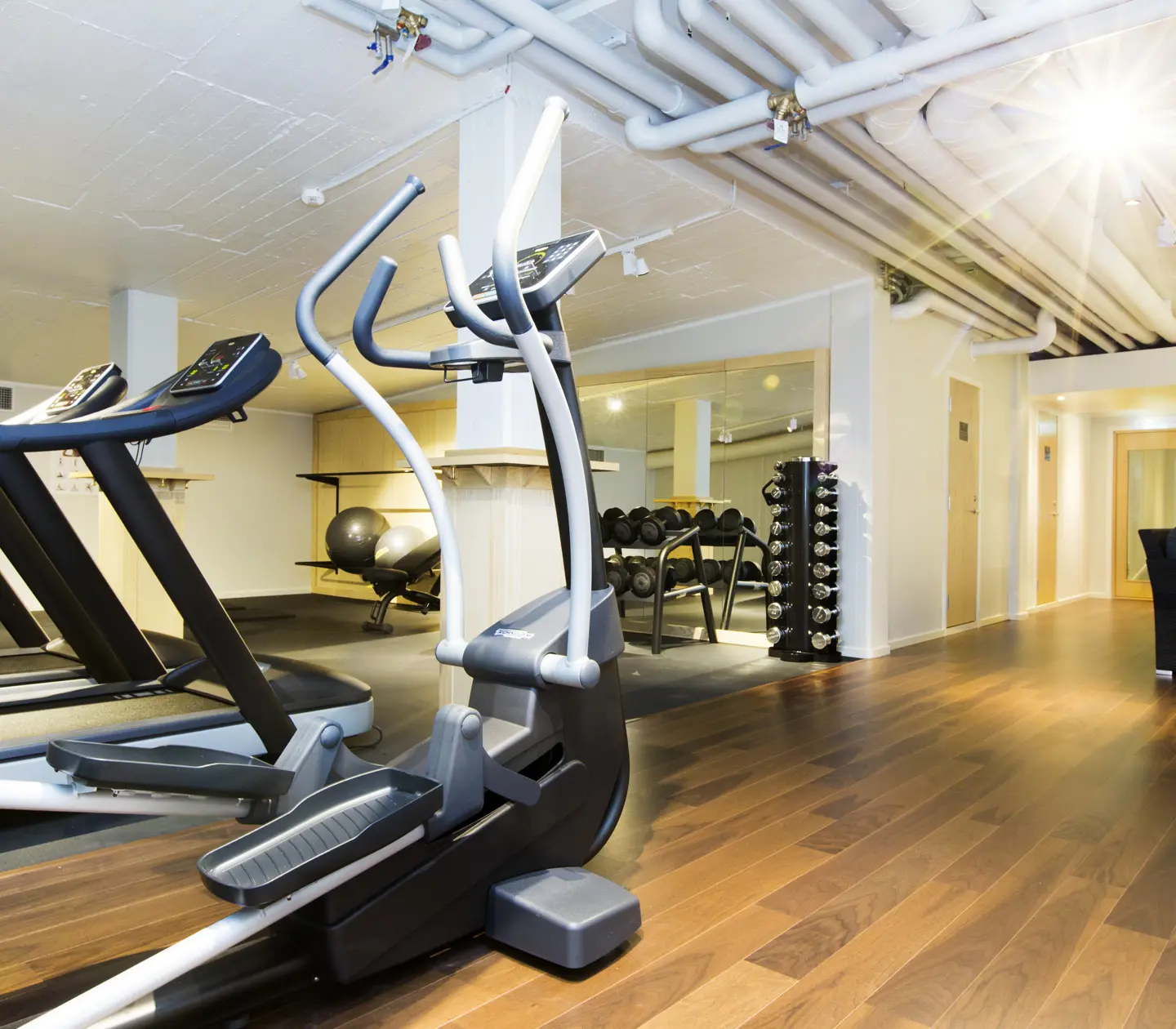 Gymmiljö med löpband, hantlar och speglar